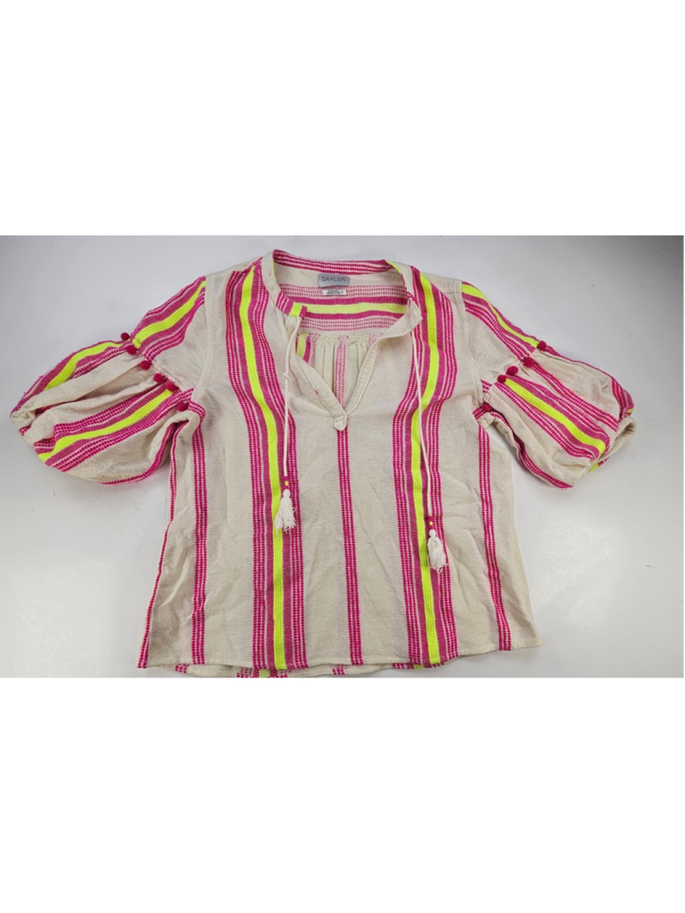 SAYLOR Womens S Cotton Blouse Neon Stripe Pom Pom Balloon Sleeve Boho